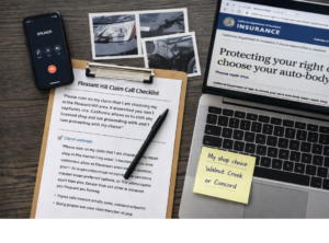 Clipboard with a Pleasant Hill claim call checklist next to a laptop showing an insurance page and a note choosing a repair shop.