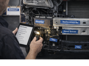 Technician using a flashlight to inspect labeled car front-end components including absorber foam, reinforcement bar, and sensor bracket.